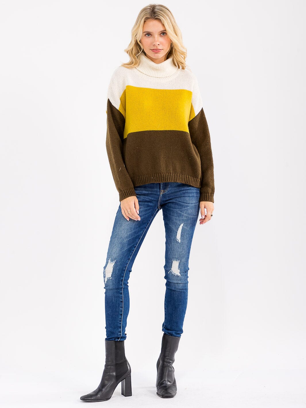 Women's Long Sleeve Turtle Neck Color Block Knit Sweater
