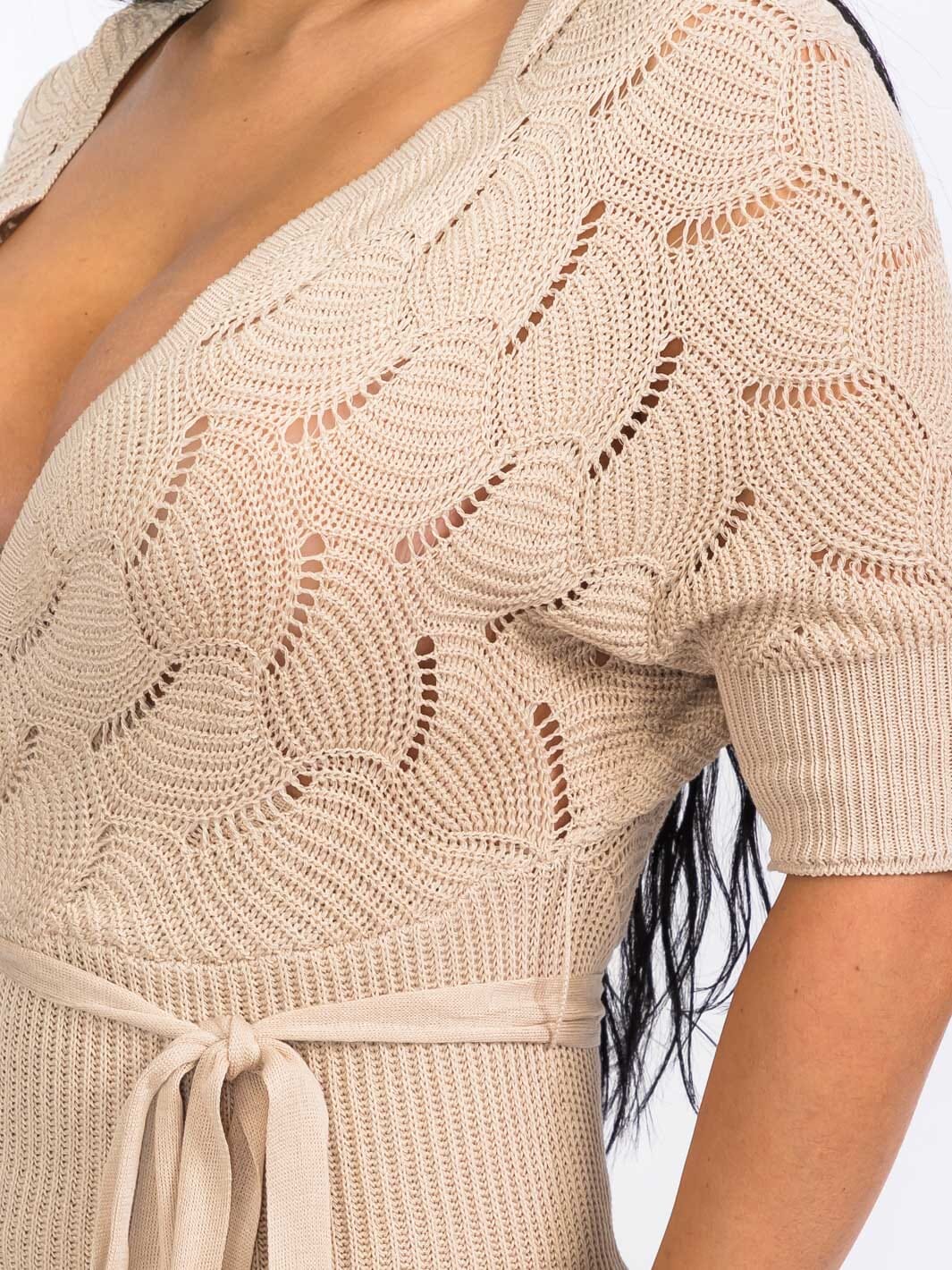 Beige Crochet Knit Mini Dress with Waist Tie