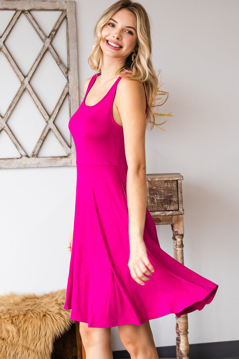 Casual tank peplum swing fuchsia dress
