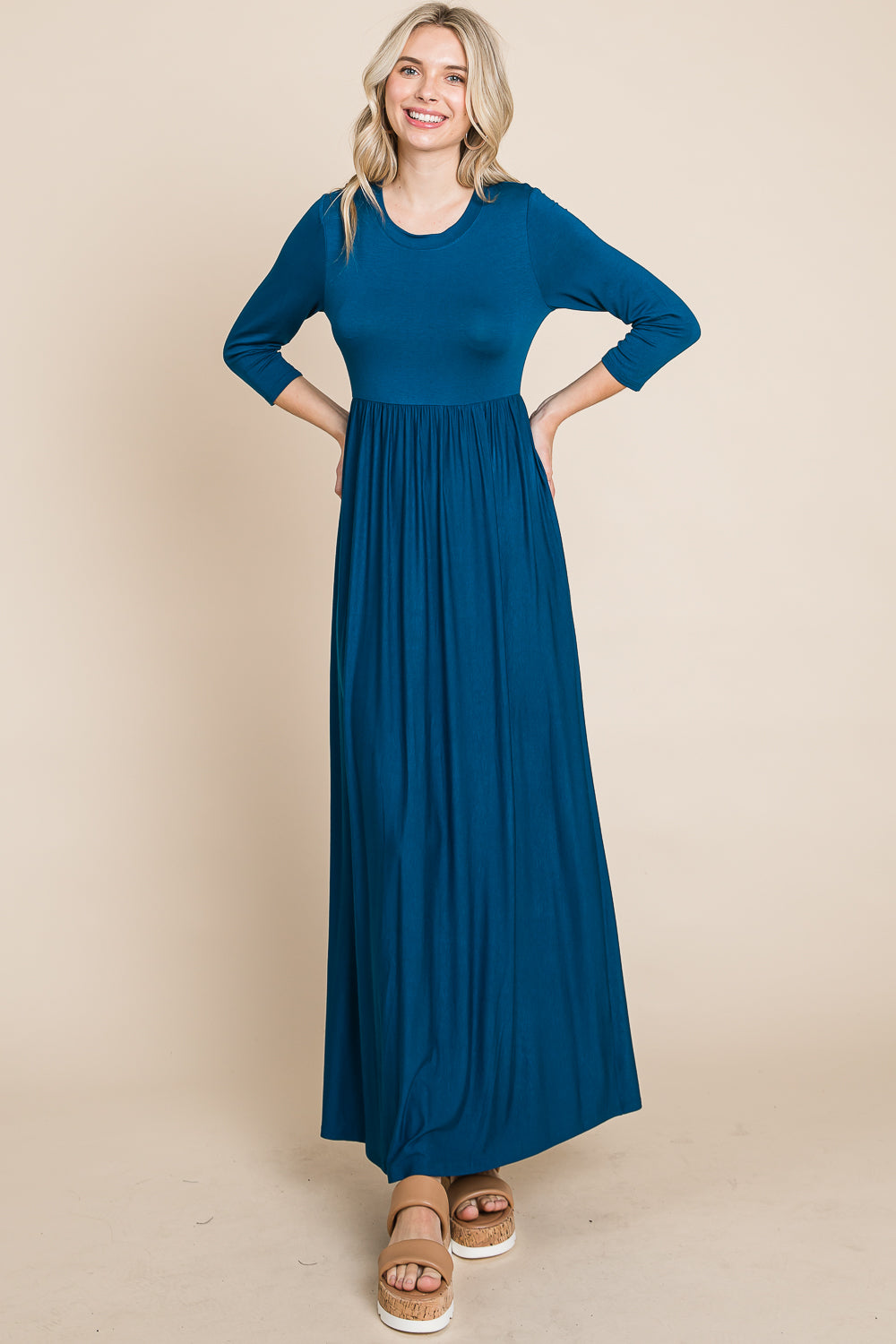 Scoop neck elastic waist maxi teal dress