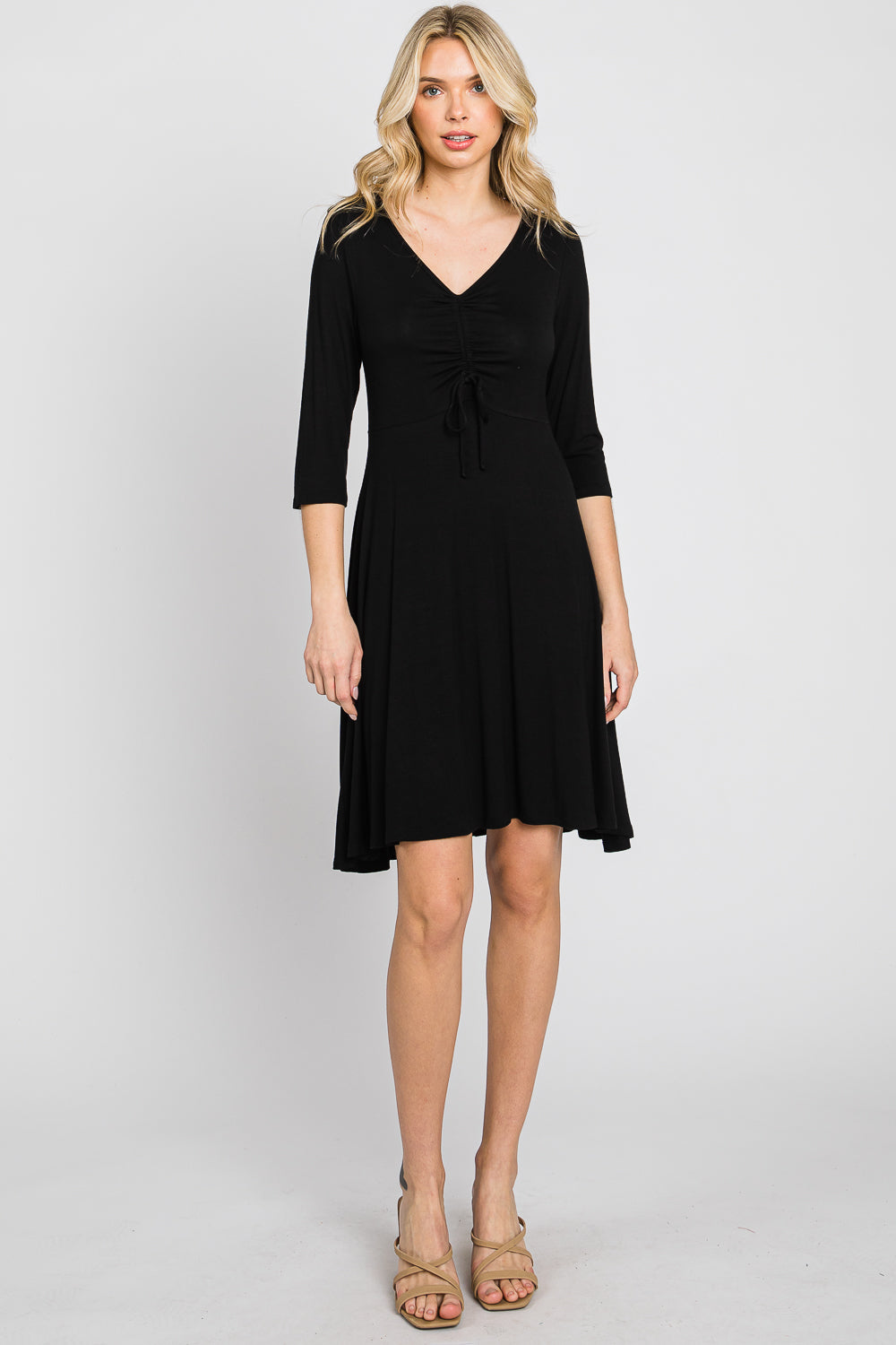 V neck 3/4 sleeve tie front black dress