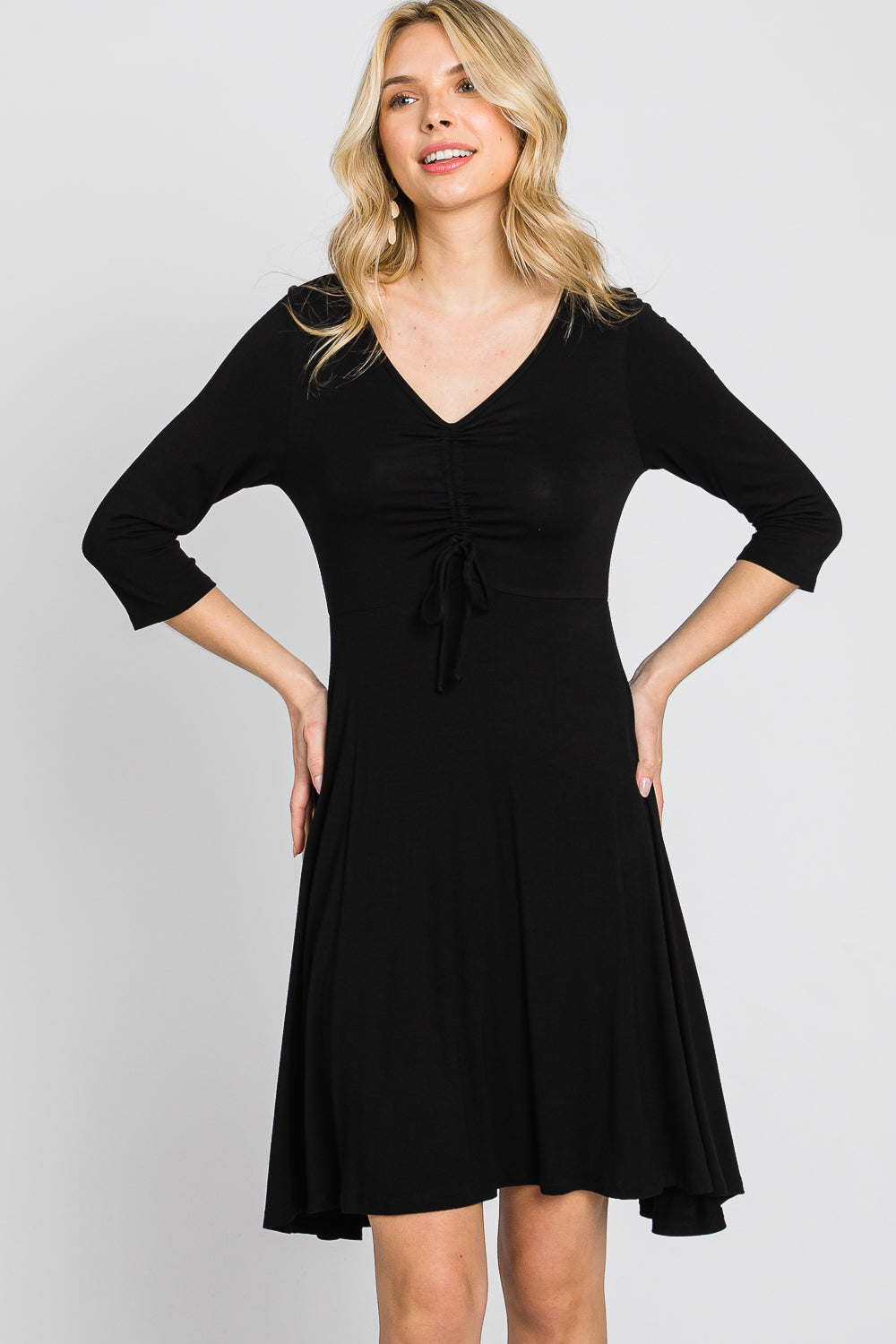 V neck 3/4 sleeve tie front black dress