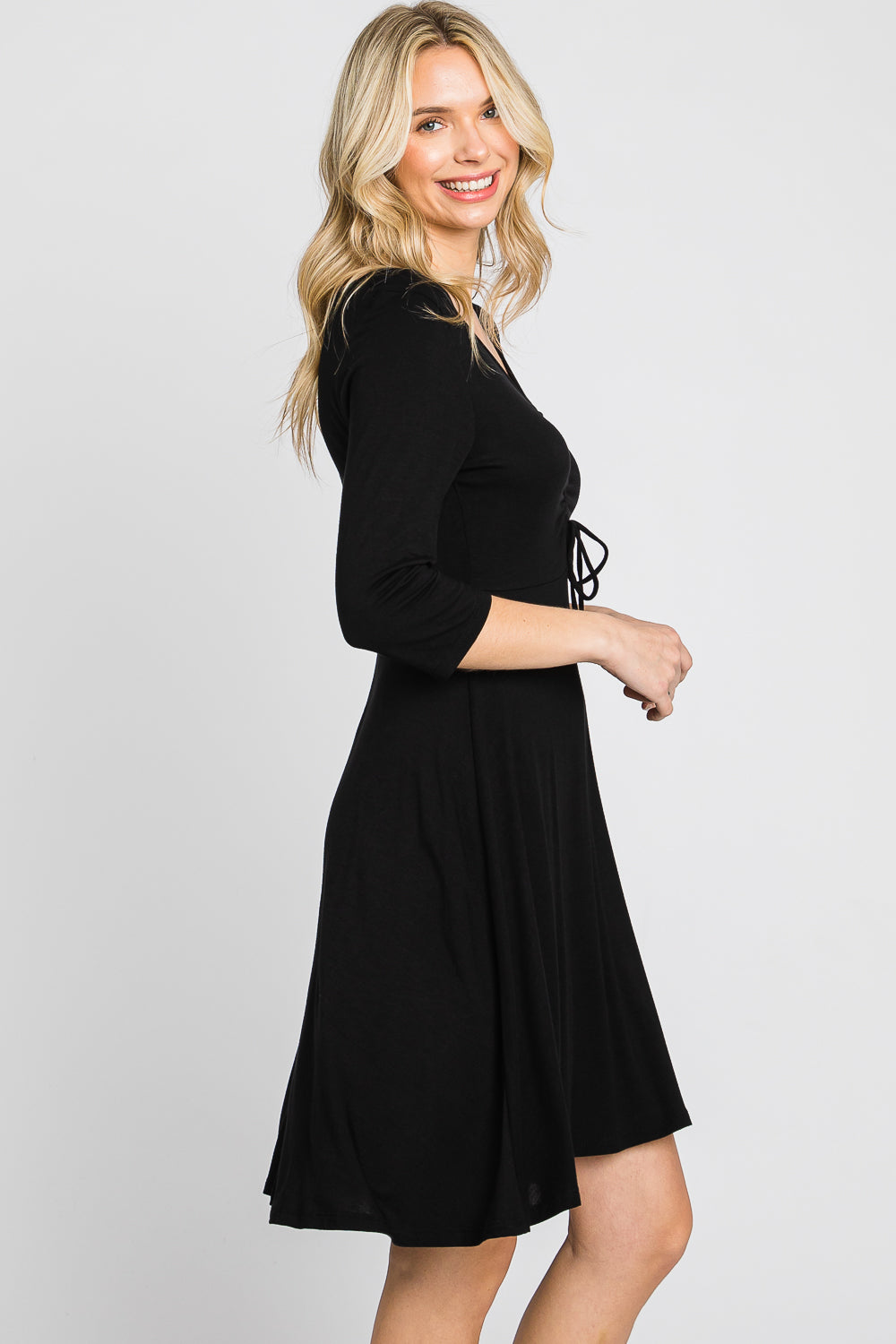V neck 3/4 sleeve tie front black dress
