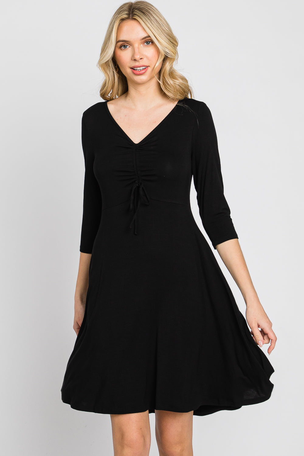 V neck 3/4 sleeve tie front black dress