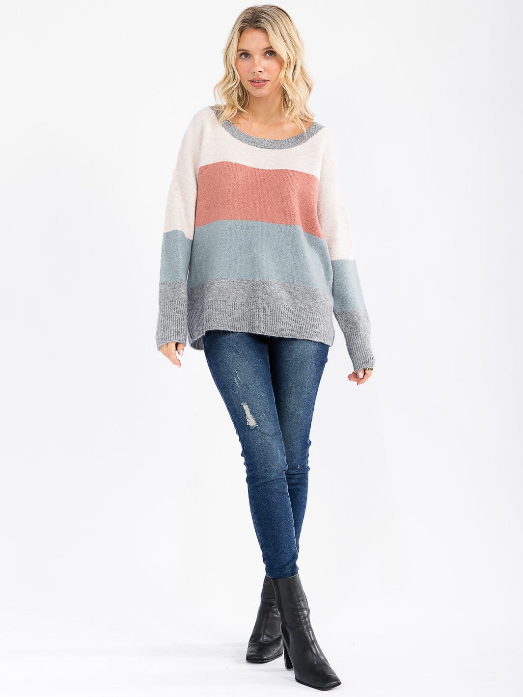 Women's Long Sleeve Color Block Round Neck Sweater