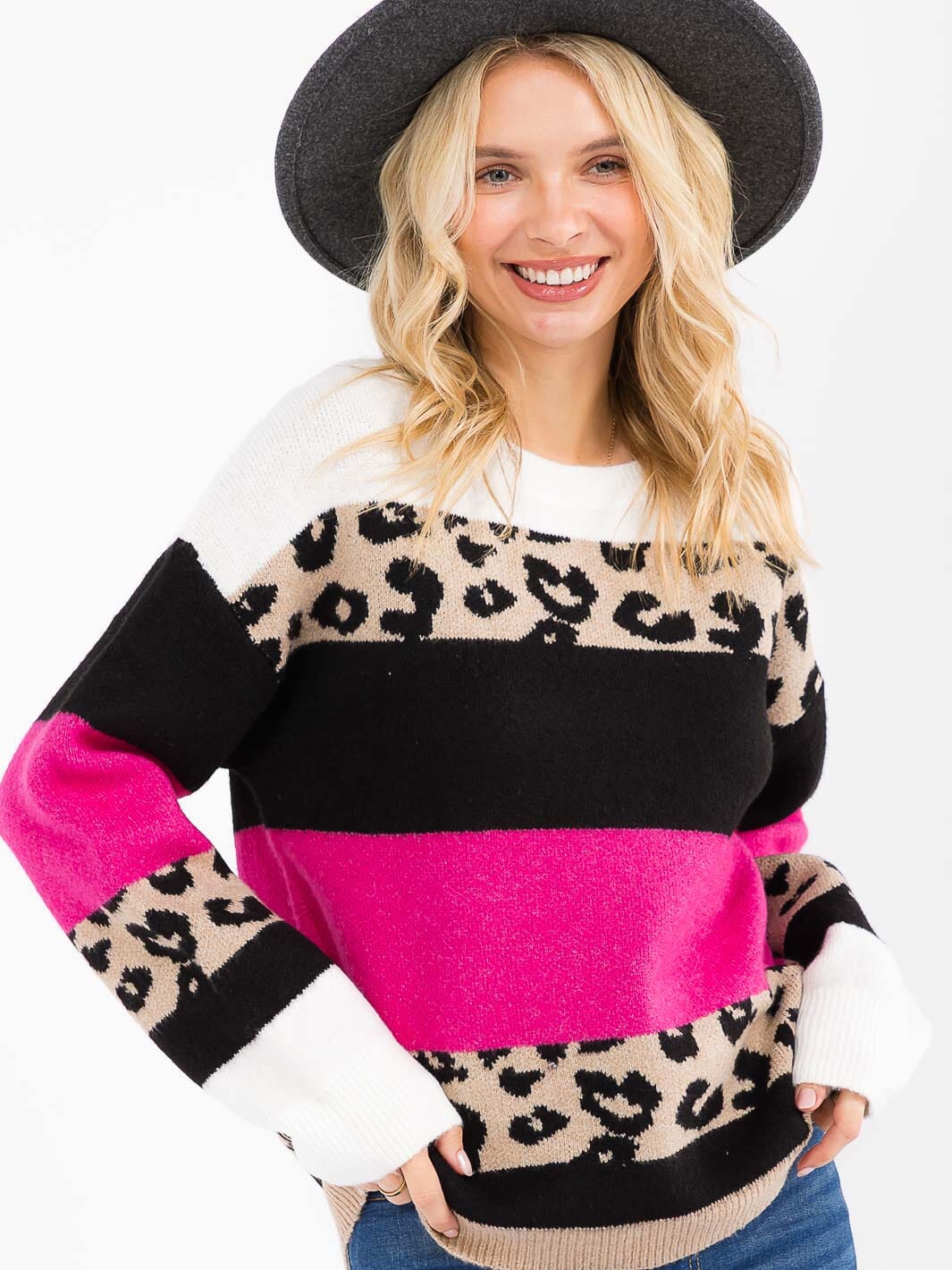 Women's Long Sleeve Color Block Animal Print Sweater Knit