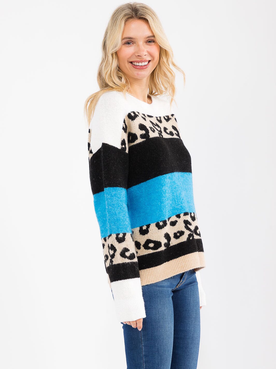 Women's Long Sleeve Color Block Animal Print Sweater Knit