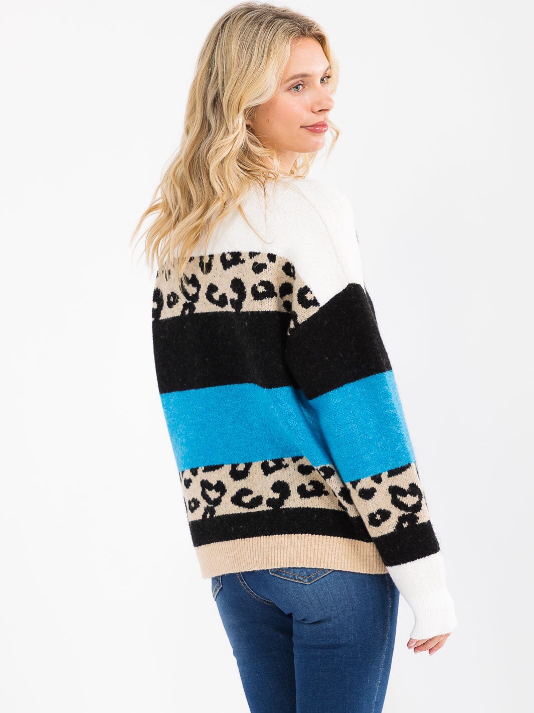 Women's Long Sleeve Color Block Animal Print Sweater Knit