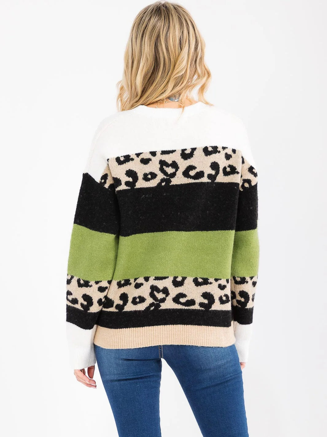 Women's Long Sleeve Color Block Animal Print Sweater Knit