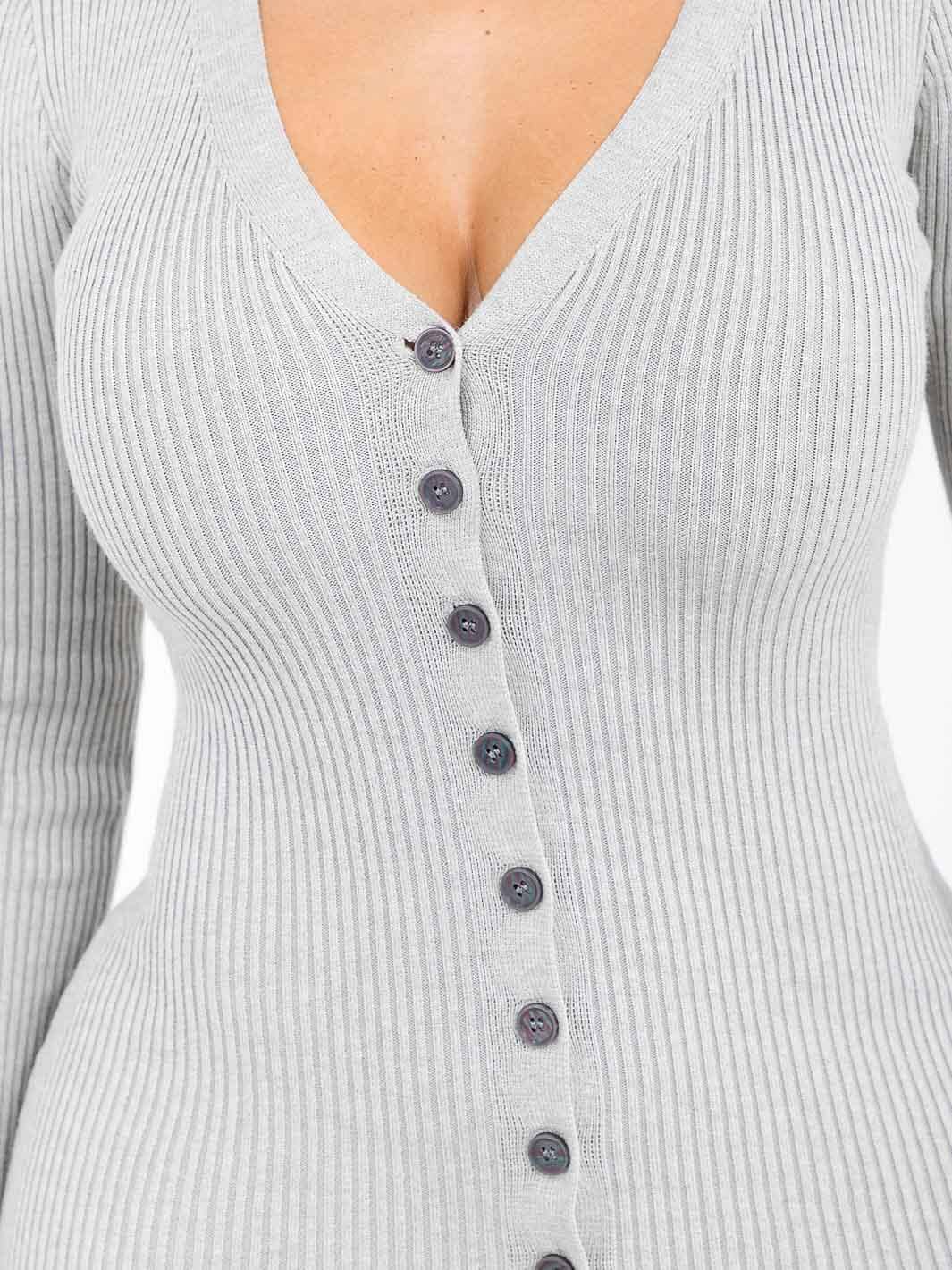 Casual Women's Grey Ribbed Button-Front Knit Mini Dress