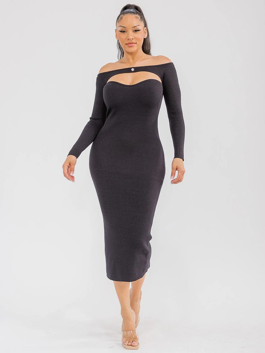 Black Ribbed Off-Shoulder Cut-Out Midi Dress