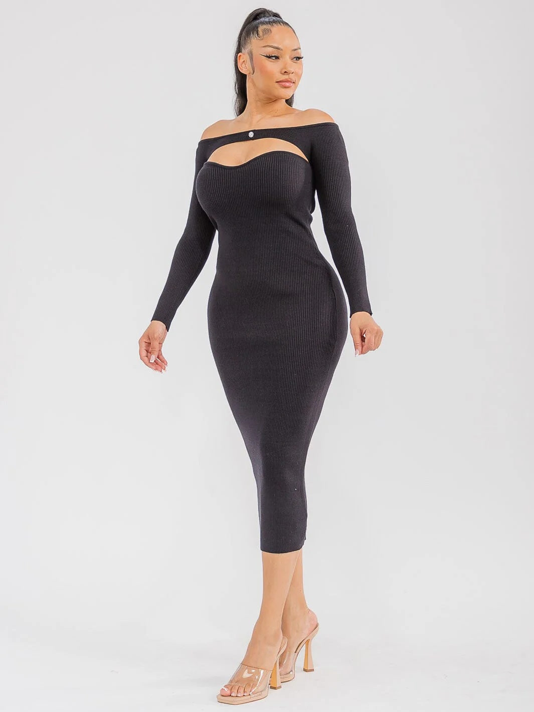 Black Ribbed Off-Shoulder Cut-Out Midi Dress