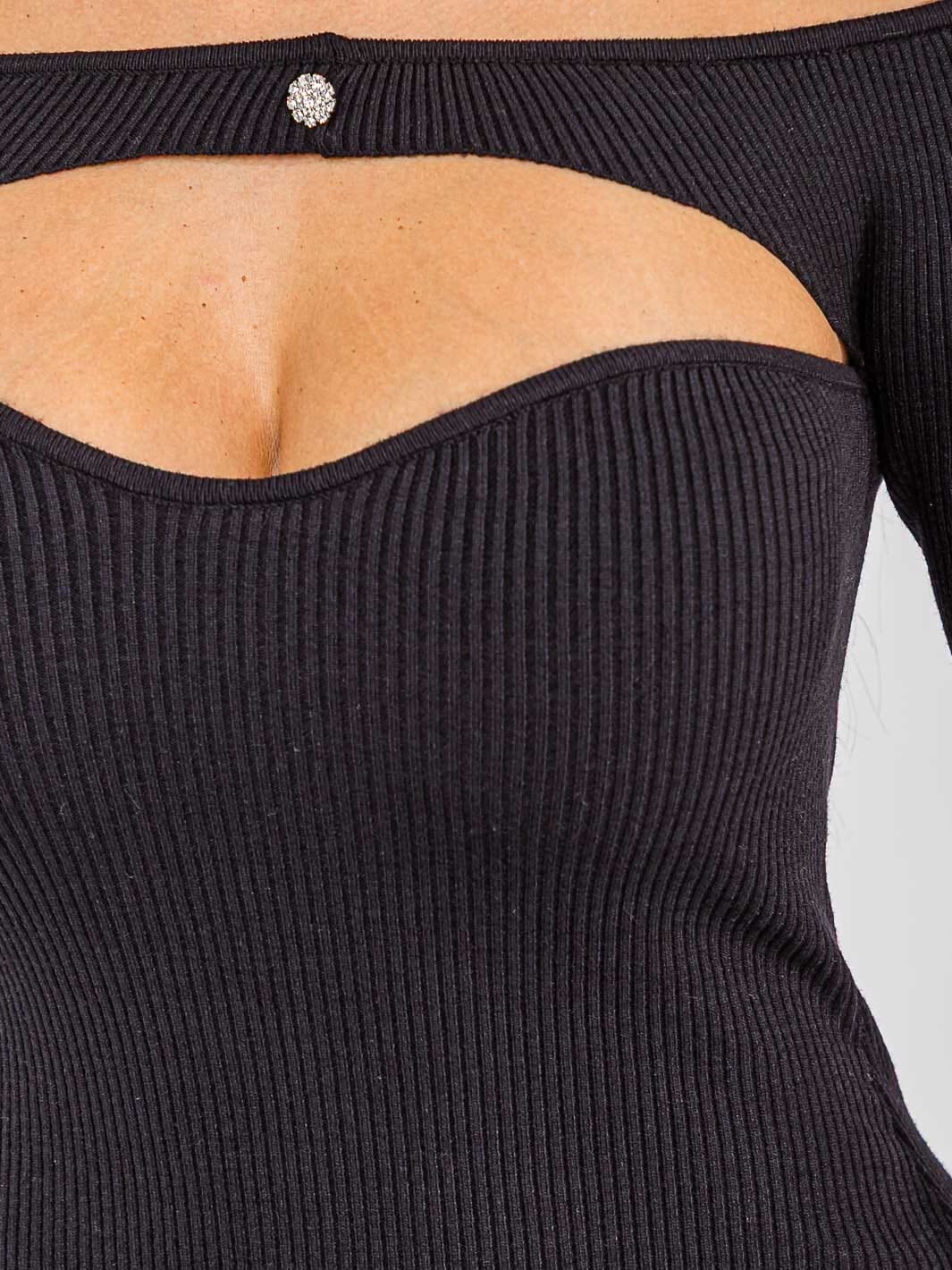 Black Ribbed Off-Shoulder Cut-Out Midi Dress