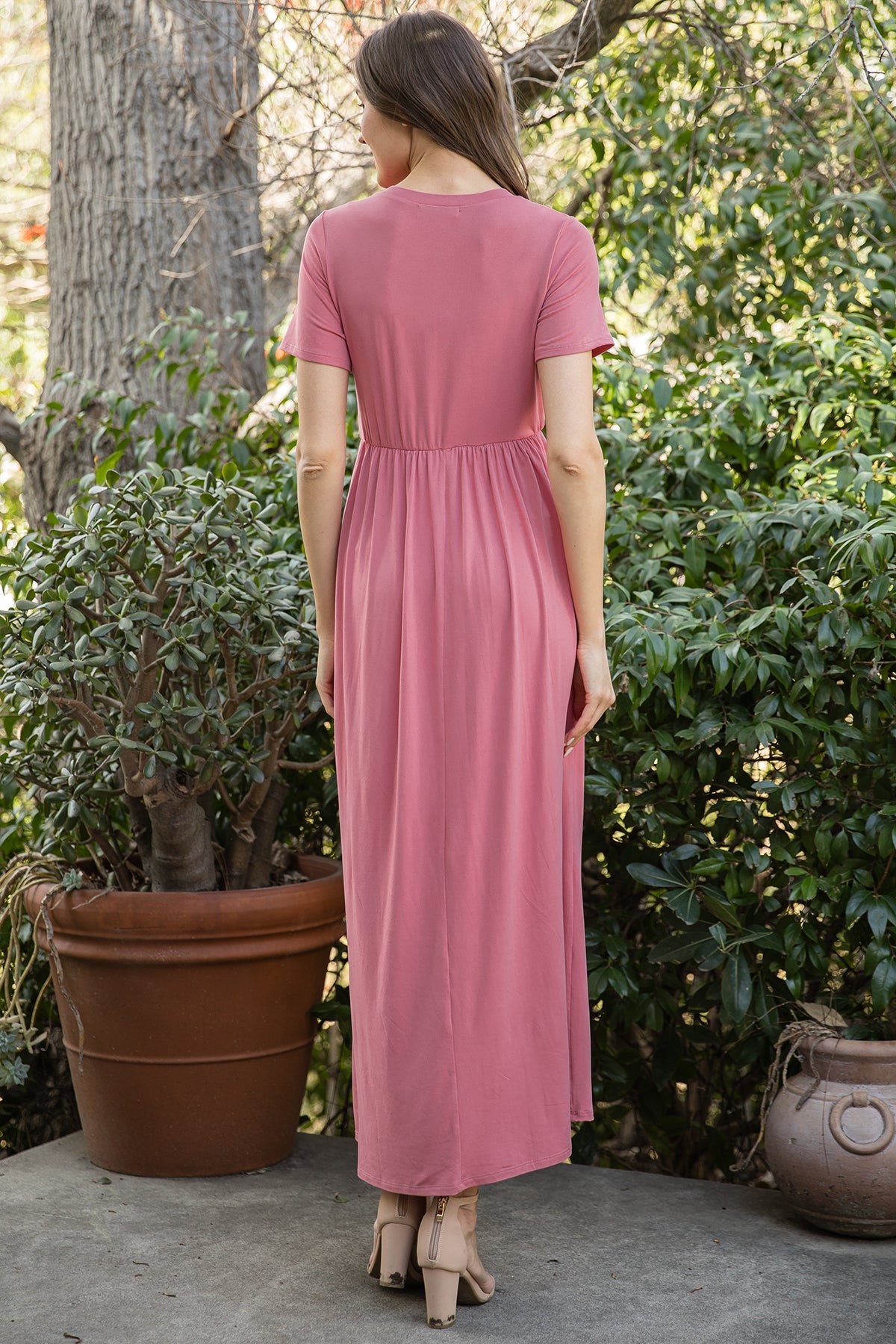 Short sleeve round neck casual maxi with pocket Mauve